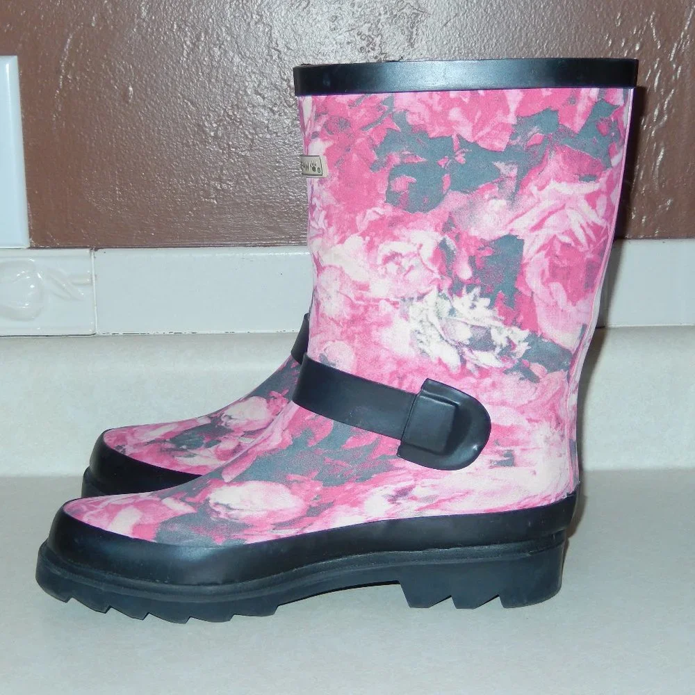 BearPaw Rain Boots Charlie Pink Gray Black Rubber Pull On Strap Buckle 6